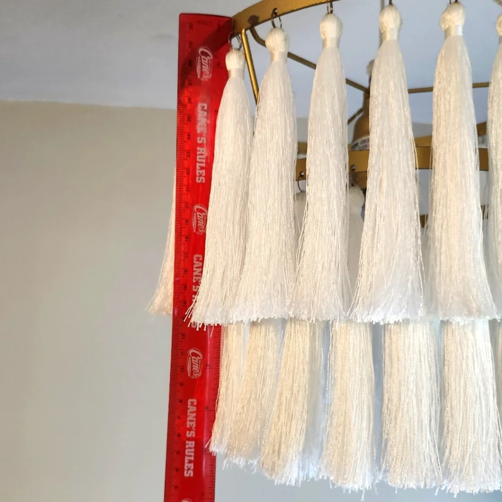 Elegant White Fringe Tassel Chandlier Gold Accents Boho Modern Lamp